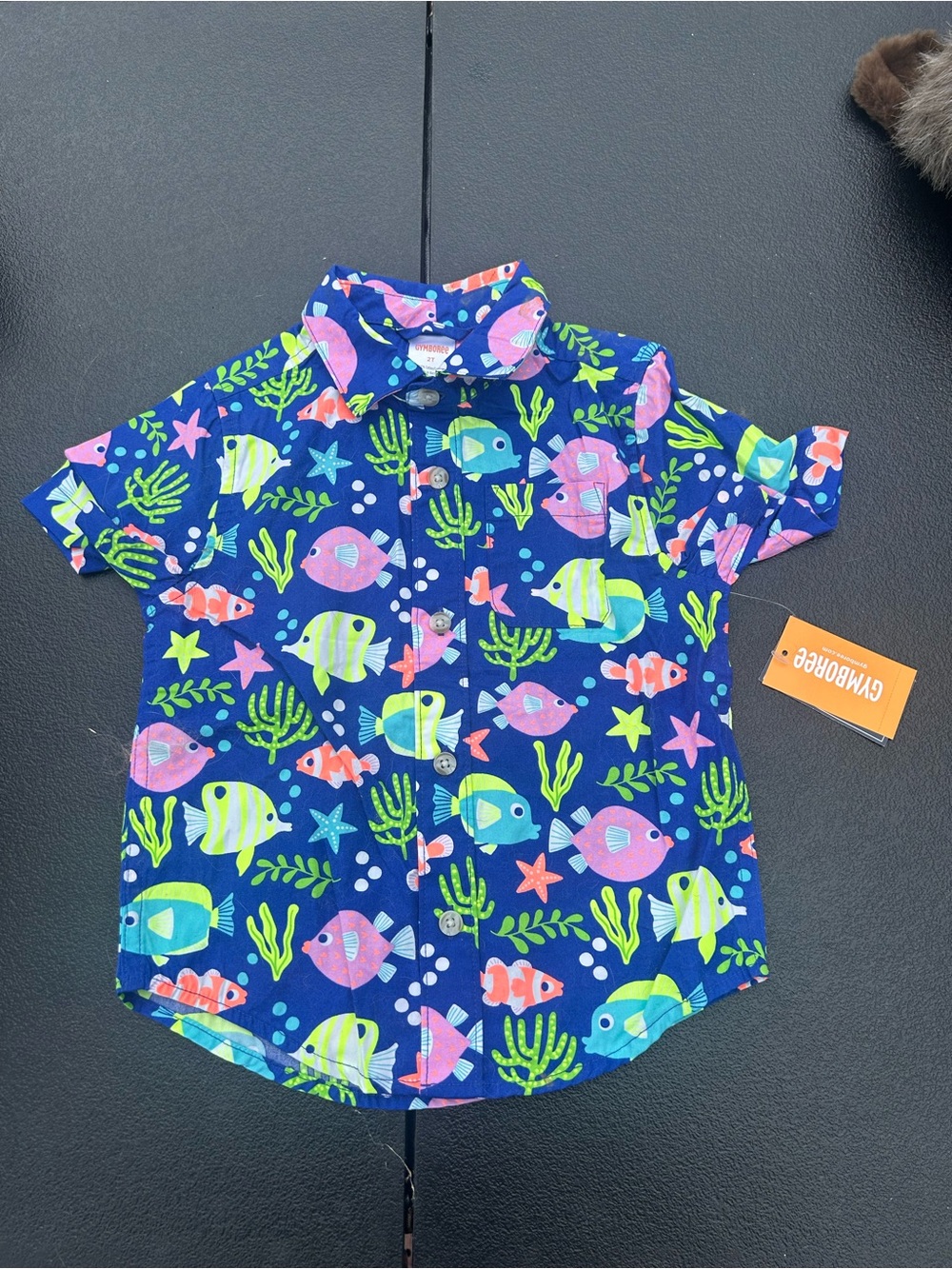 Gymboree Navy Short Sleeve Fish Button-Down Shirt with Bright Sea Motifs